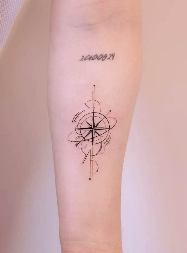 Forearm compass tattoo by @handitrip