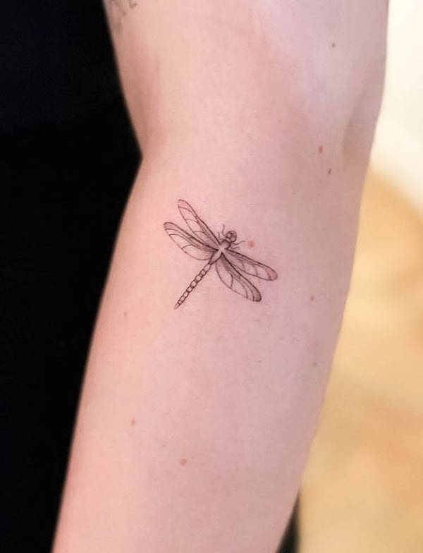 Tiny dragonfly elbow tattoo by @lukasemmanuel