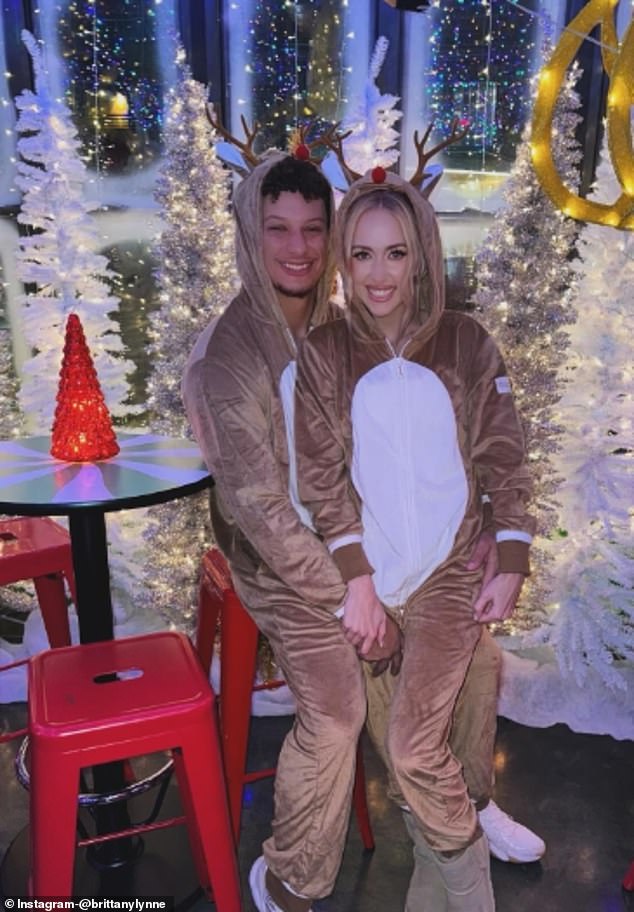 Patrick and Brittany Mahomes wore matching reindeer onesies in an Instagram photo