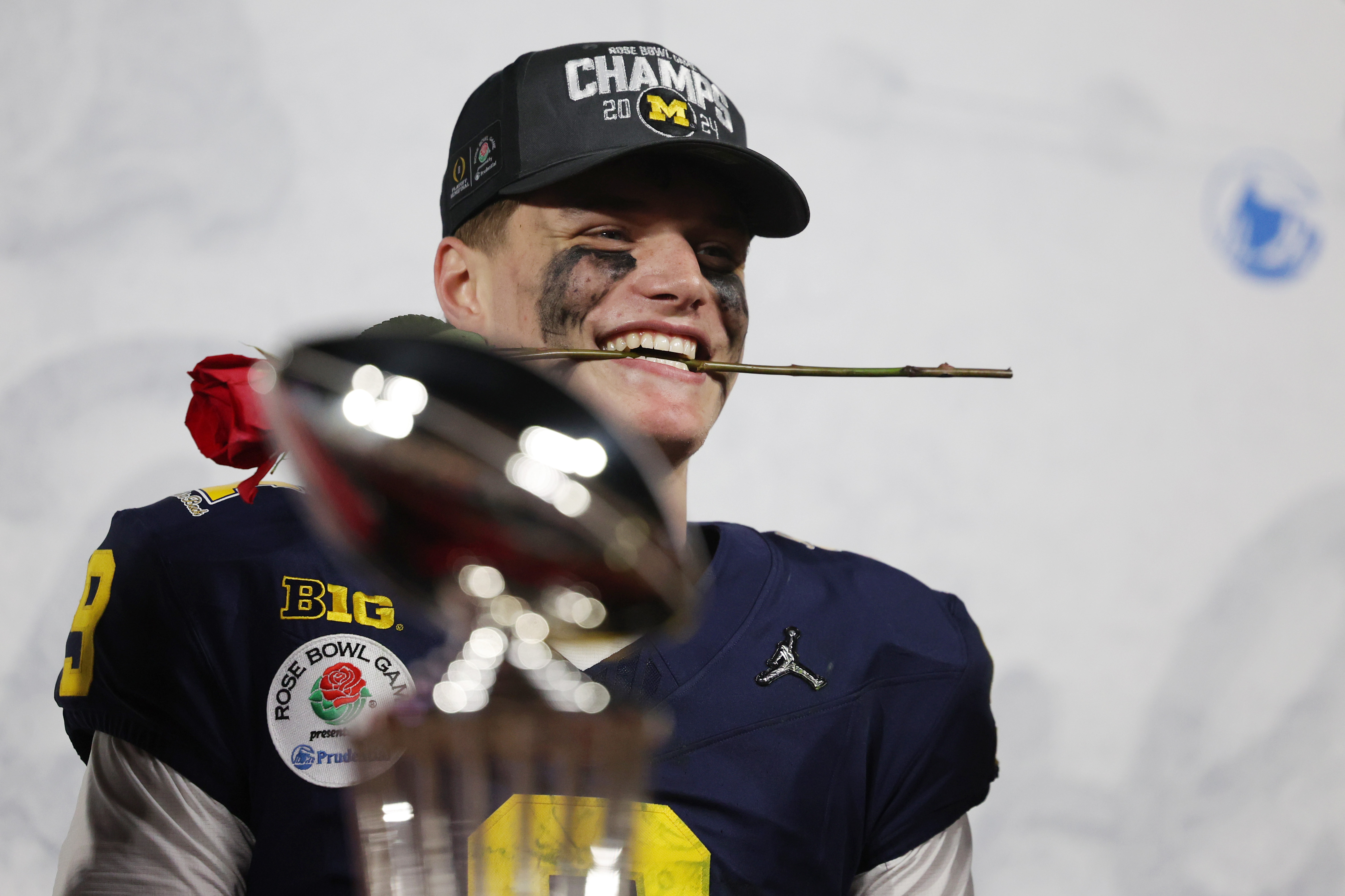 Michigan quarterback J.J. McCarthy celebrates a Rose Bowl win over Alabama