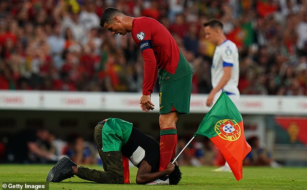 Cristiano Ronaldo (right) was involved in a bizarre altercation with a spectator during Portugal's 3-0 win vs Bosnia and Herzegovina