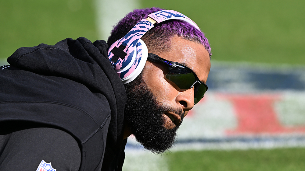 BALTIMORE, MARYLAND - OCTOBER 22: Odell Beckham Jr. #3 of the Baltimore Ravens warms up before the game against the Detroit Lions at M&T Bank Stadium on October 22, 2023 in Baltimore, Maryland. (Photo by Greg Fiume/Getty Images)