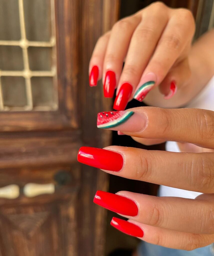 09-Bold Red Watermelon Coffin Nails