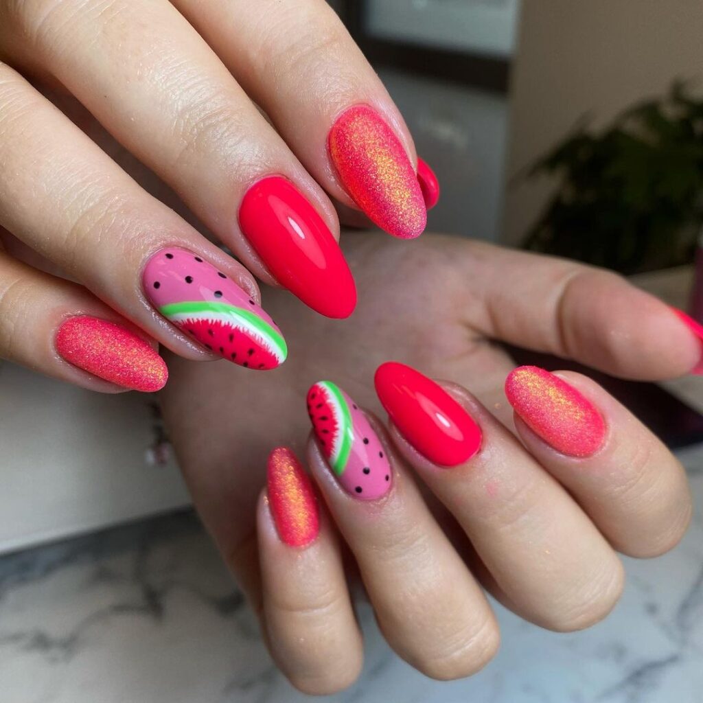 16-Neon Watermelon Nails