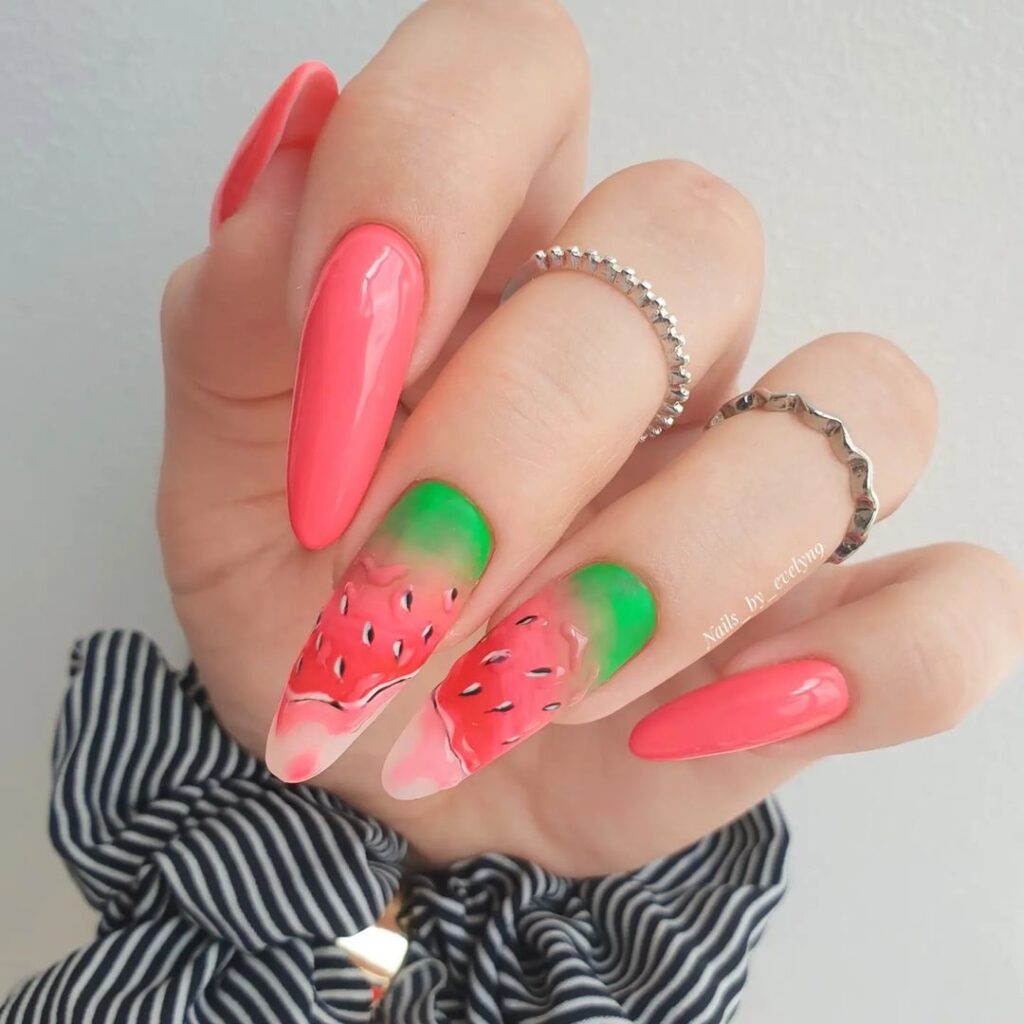 17-Long Artistic Watermelon Nails-J