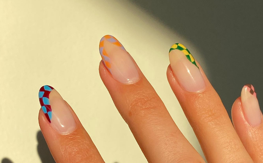 abstract french tip checkered nails