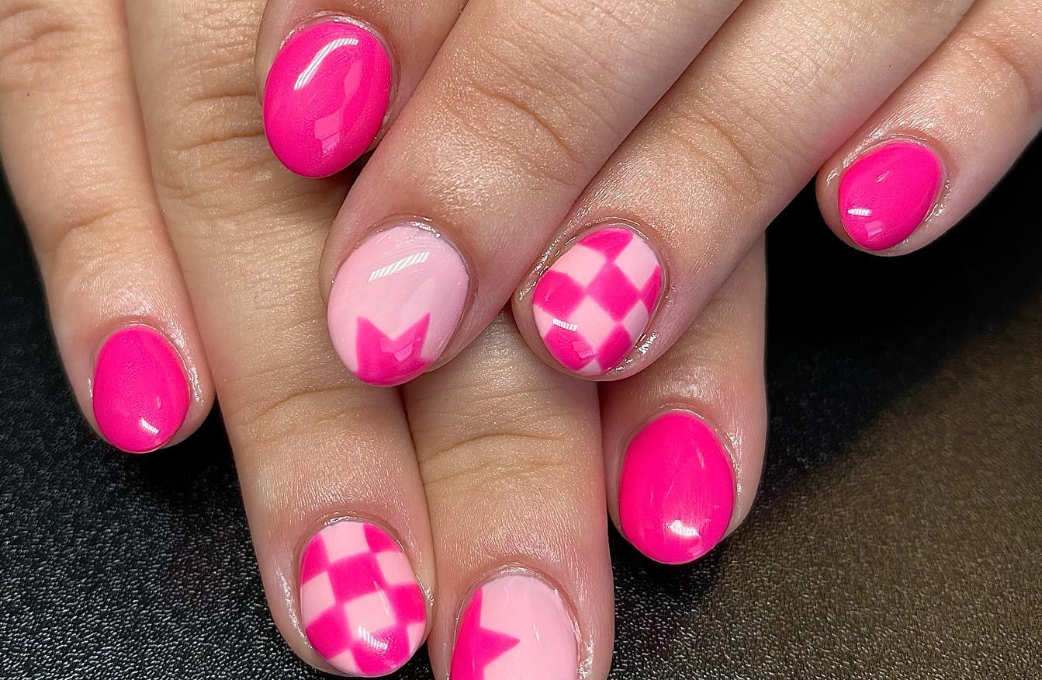 baby pink and bright pink checkered nails