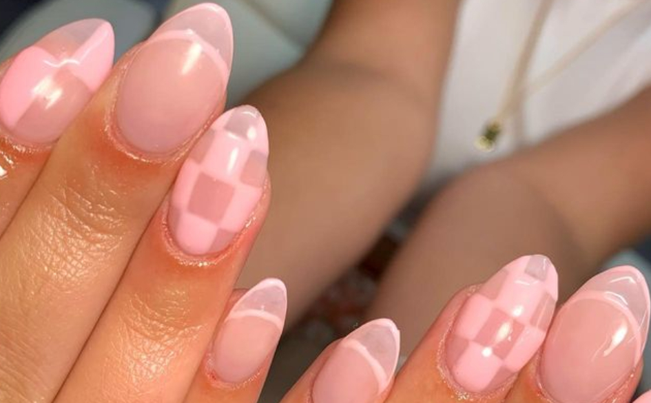 baby pink checkered nails