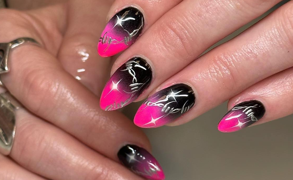 black and hot pink nails