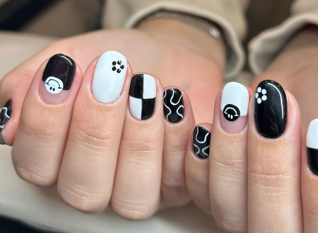 black and white smiley face nail designs