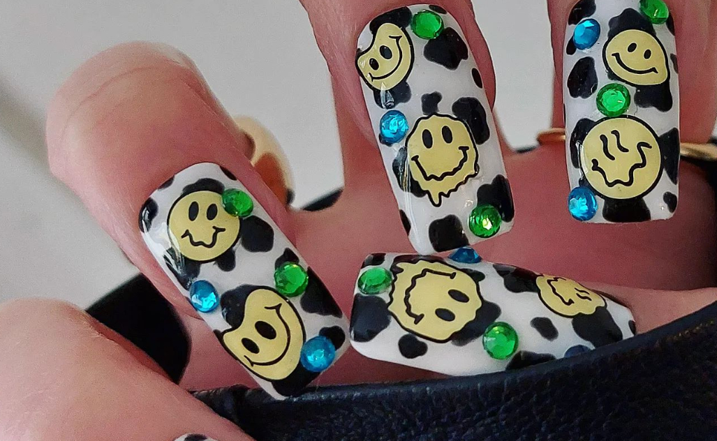 cow print nails smiley faces rebeccabarcleigh_nails