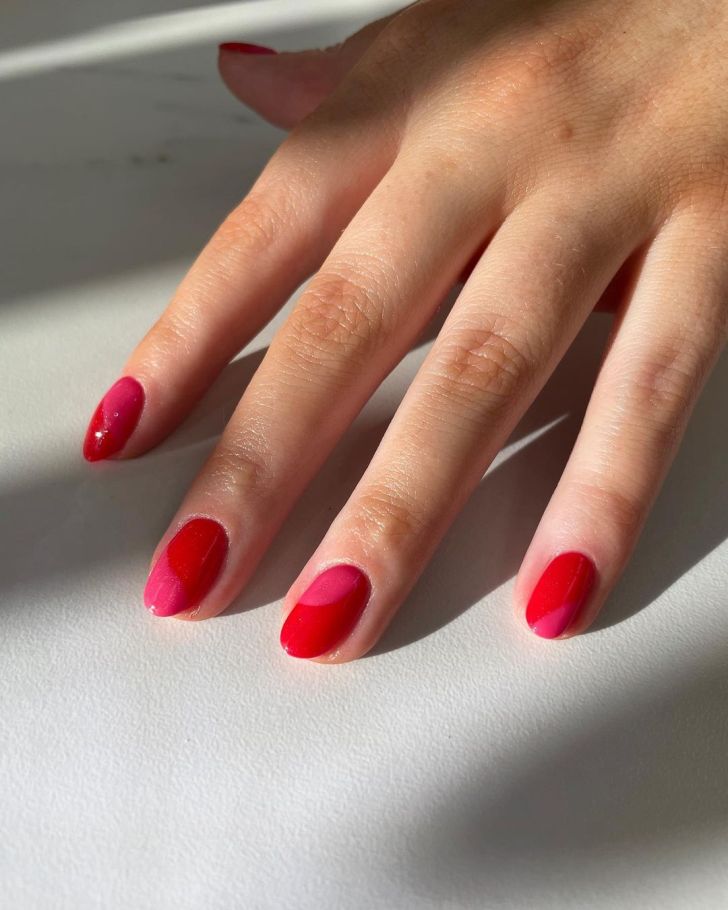 cute colorblock pink and red short Valentines nail designs