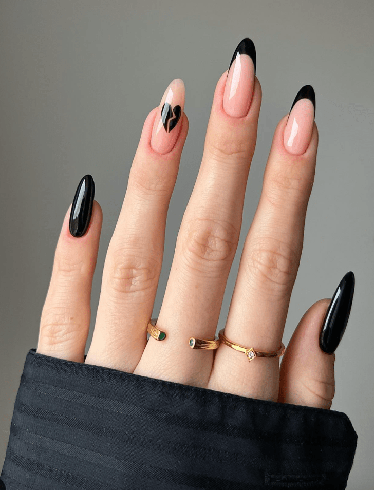 long almond shaped cute black french tip Valentines Day nails with broken heart designs