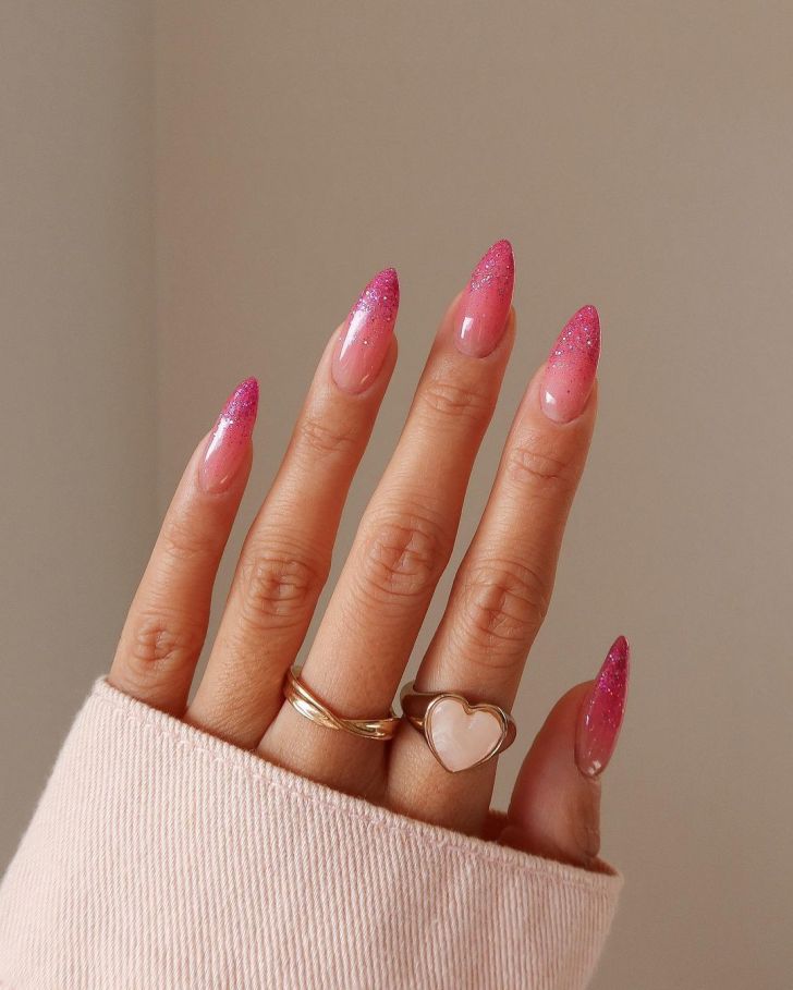 stiletto cute glitter ombre pink Valentines Day nail ideas