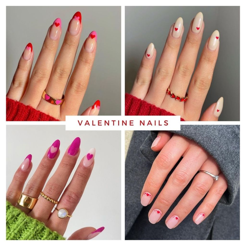 a collage of cute red and pink simple Valentines Day nails with heart nail art designs