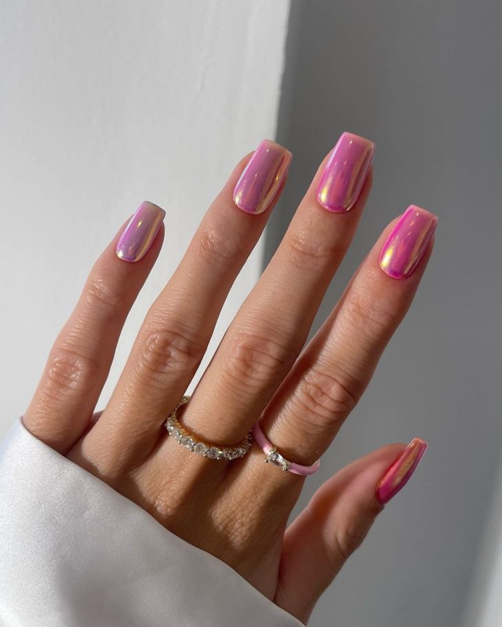 cute shimmery metallic pink Valentines Day nails in a square shape