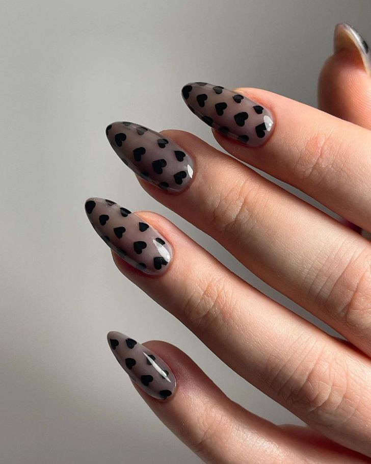 cute simple black Valentines Day nail ideas with heart designs