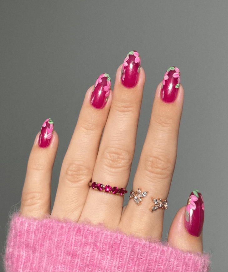 cute simple pink Valentines Day nail designs with floral nail art