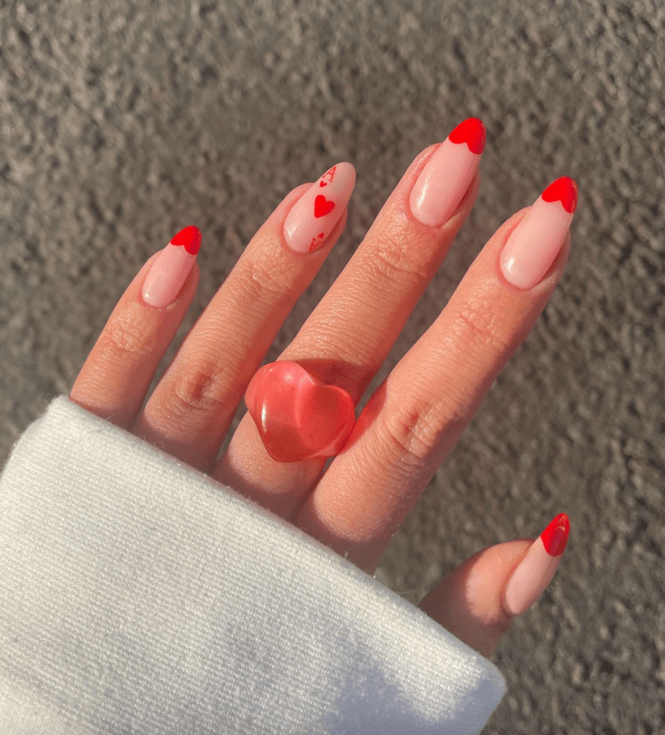 cute simple red Valentines Day nails with ace of hearts inspired tip designs