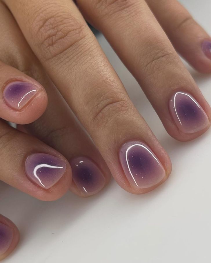 cute simple short Valentines Day nails with purple ombre designs and subtle glitter