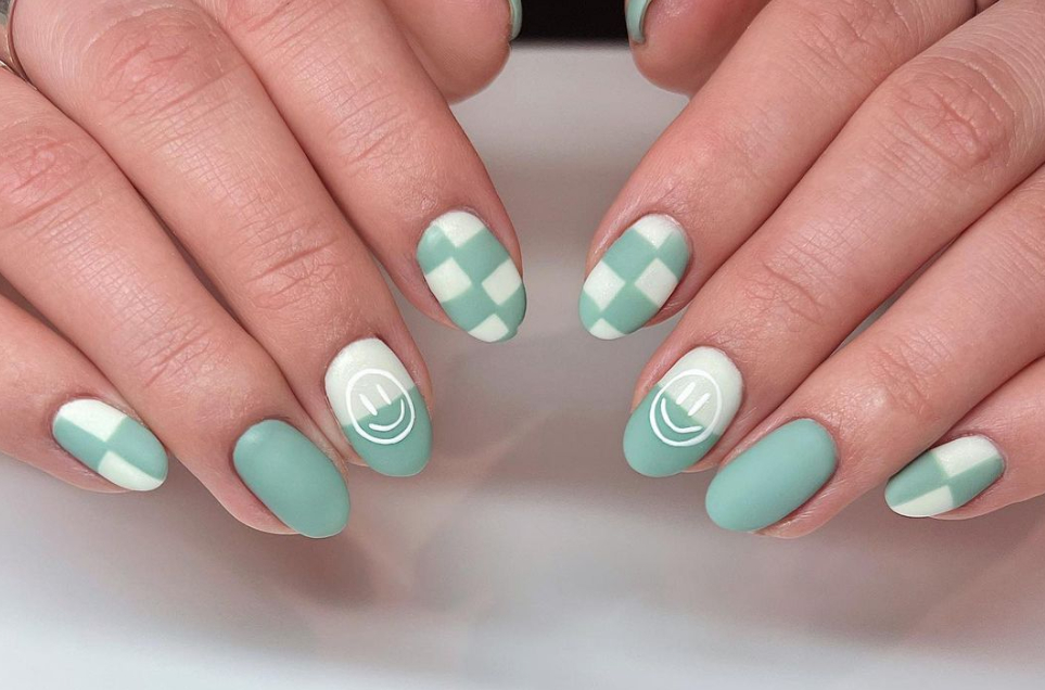 matte checkered nails acrylic nail design