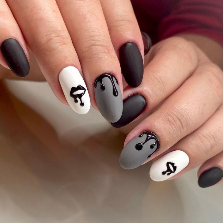 matte skittle black Valentines nail designs with drip nail art