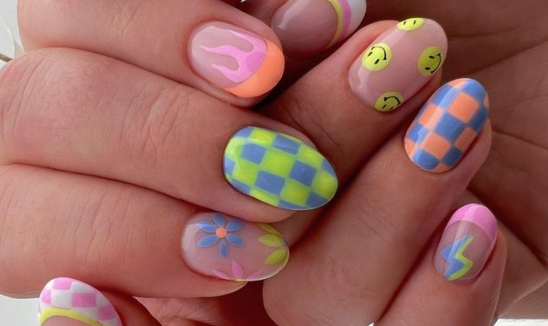 mix and match neon checkered nails