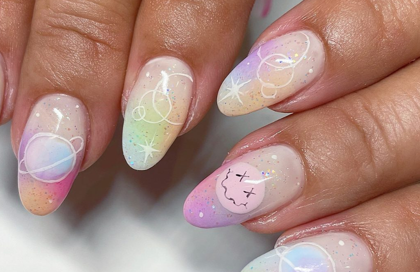 pastel smiley face nails design