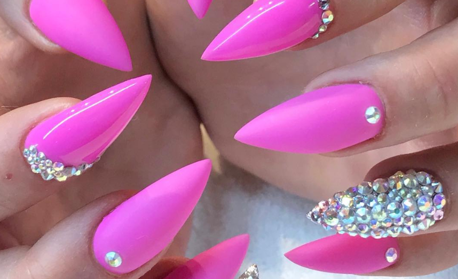 hot pink nails with crystals
