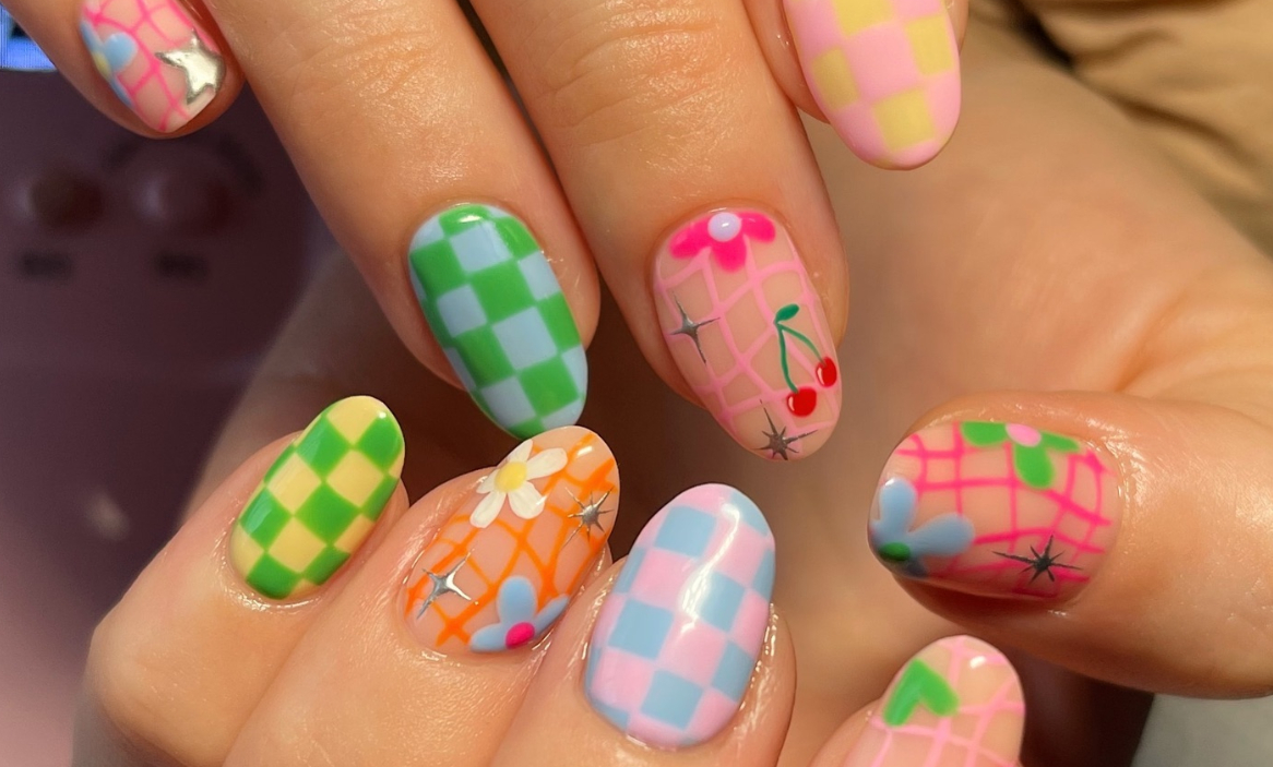 rainbow checkered nails with designs