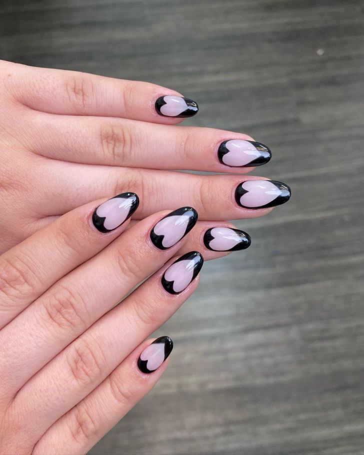 simple black Valentines Day nails with cute negative space heart designs