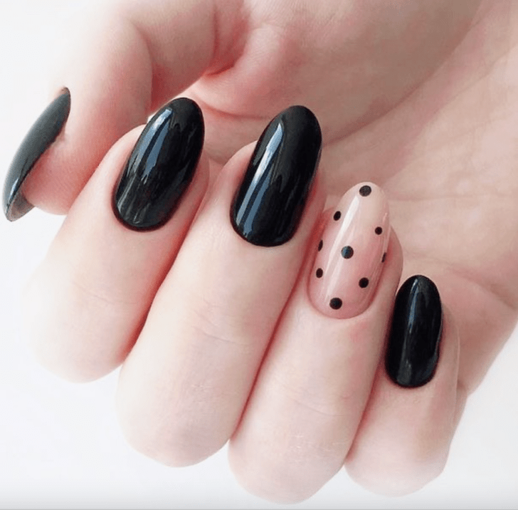 simple black Valentines Day nails with cute polka dot designs