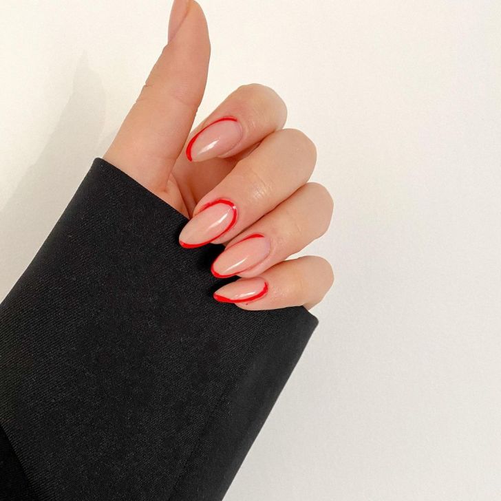 simple nude Valentines nail designs with red outlines