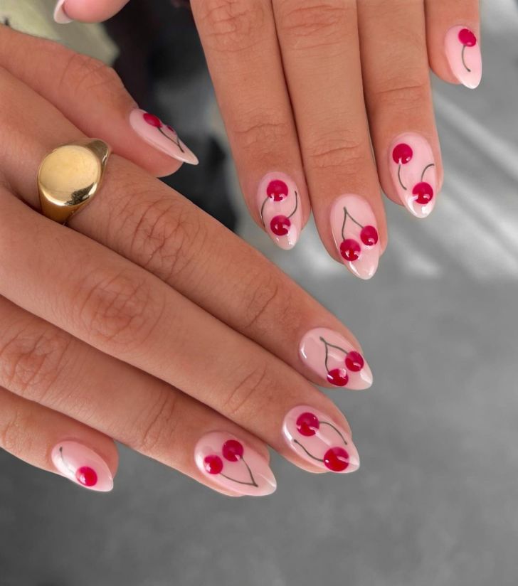 simple short Valentines nail designs with red cherry nail art