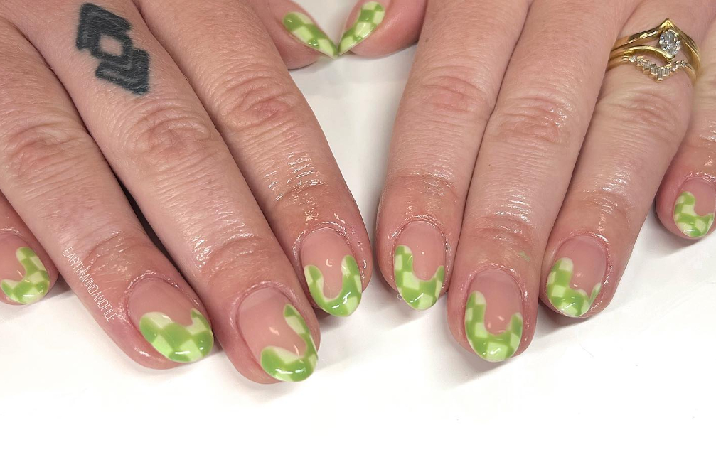 slime green checkered nails french tips
