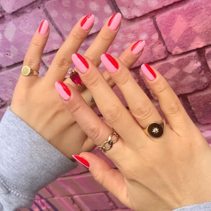 simple Valentines Day nails with cute pink and red color-blocked designs