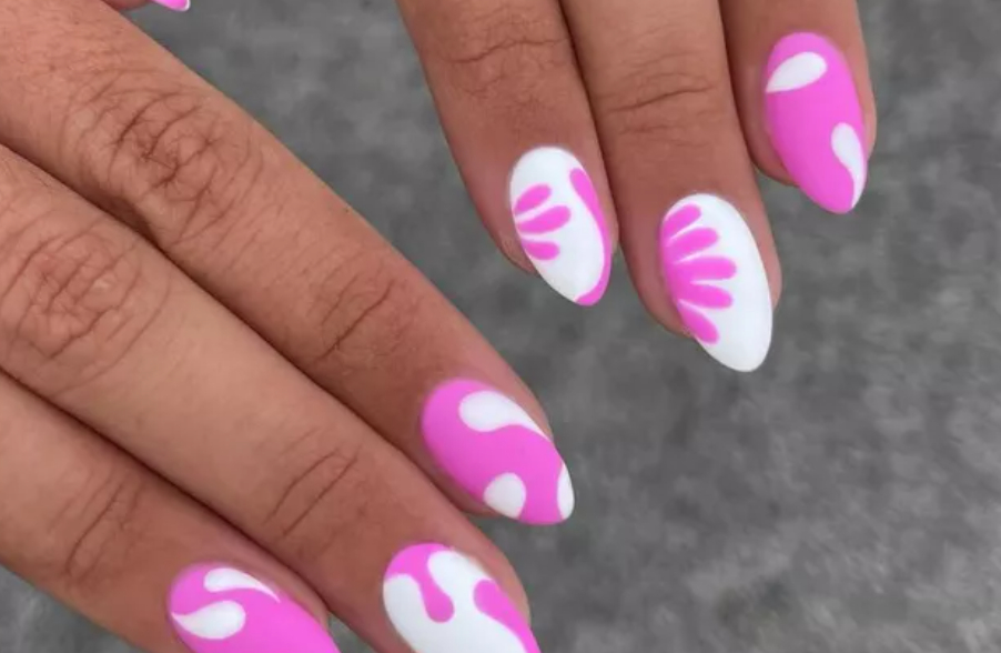 white and hot pink nails