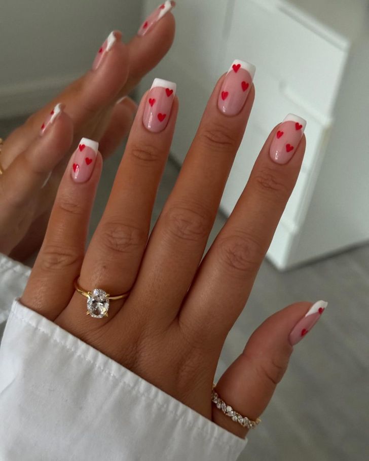 square white french tip short Valentines nail designs with cute red heart nail art