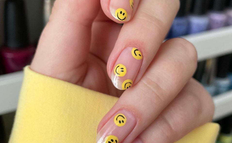 yellow smiley face nail designs clear nails