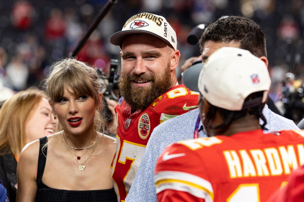Travis Kelce and Taylor Swift celebrate after the Chiefs beat the 49ers in the Super Bowl at Allegiant Stadium on February 11, 2024 in Las Vegas, Nevada.