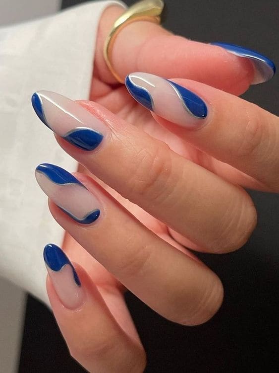 Korean dark blue nails: negative space