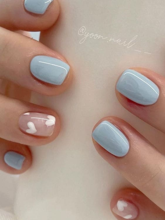 cute Korean heart nail design: light blue