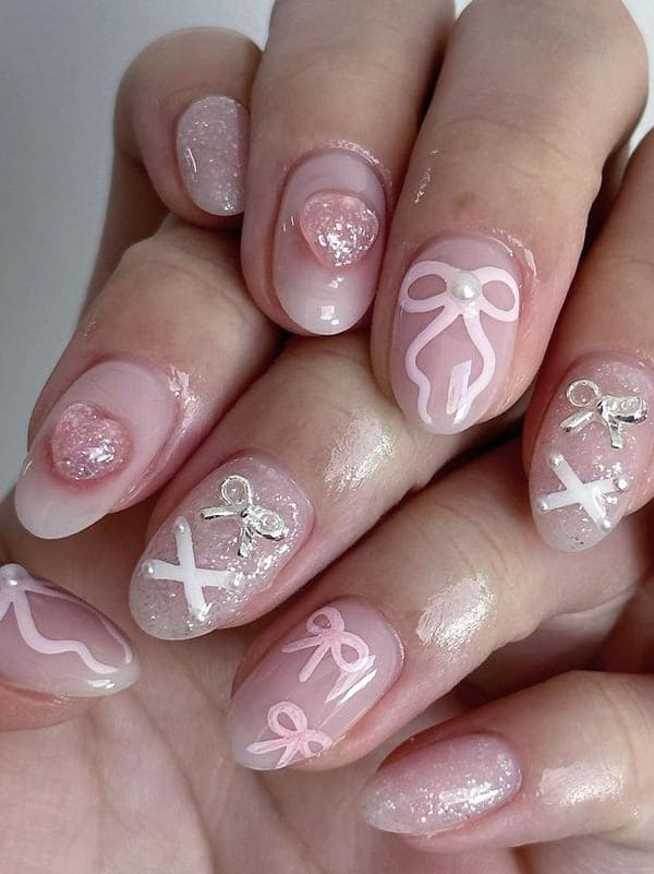 Korean bow nails: balletcore