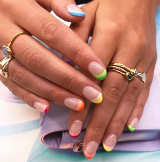 Double the tip double the fun. This stacked French manicure complete with a twotone rainbow palette puts a colorful spin...