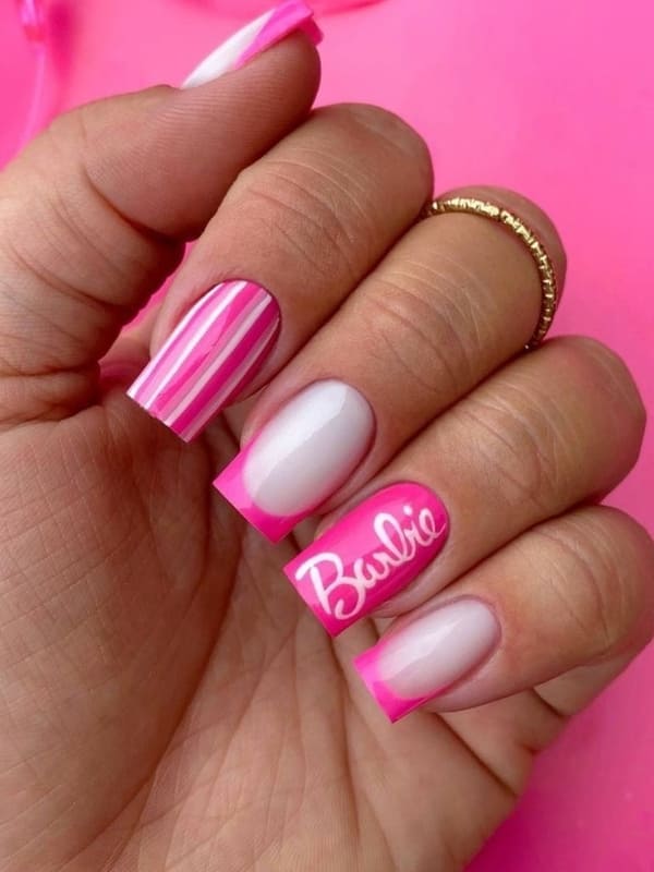 Barbie pink nails: Barbie logo