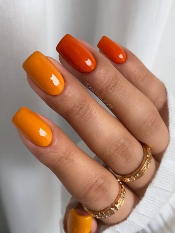 Orange and yellow two-tone short nails