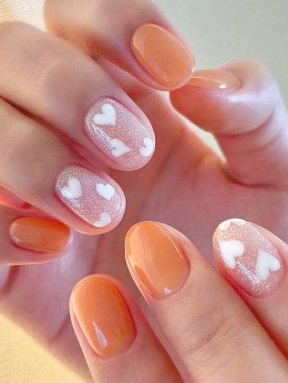 cute Korean heart nail design: white heart accent 