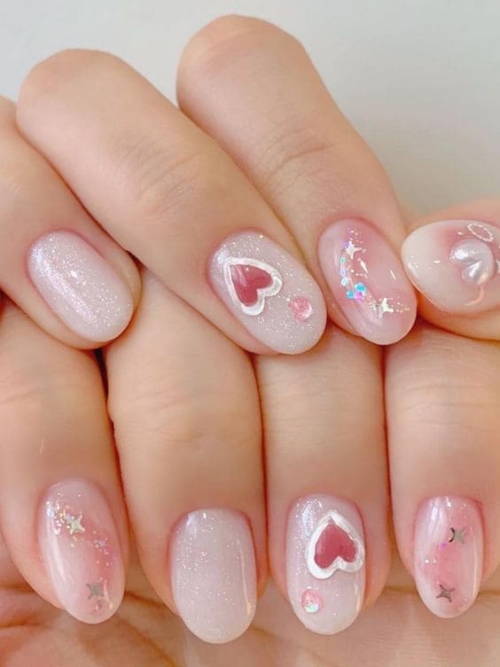 glittery pink blush nails with heart rings