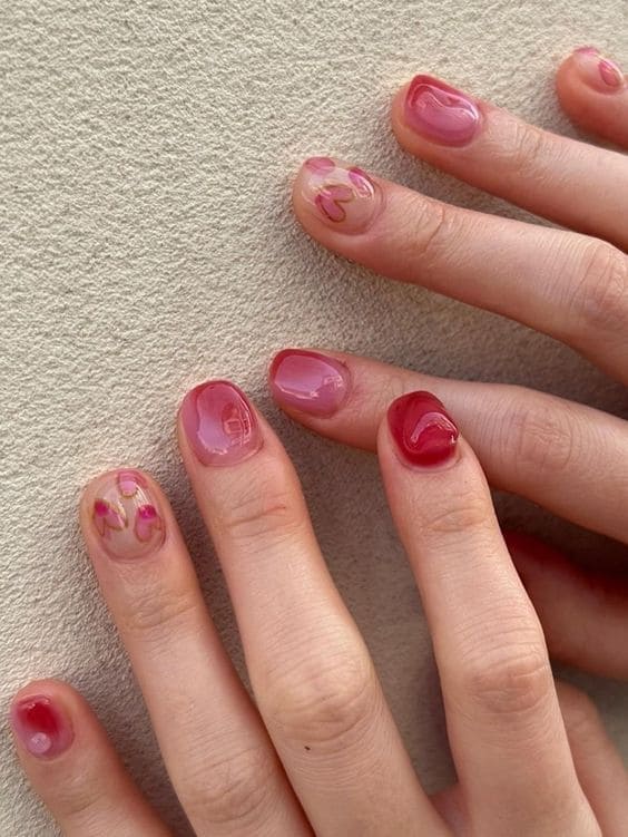 cute Korean heart nail design: water color