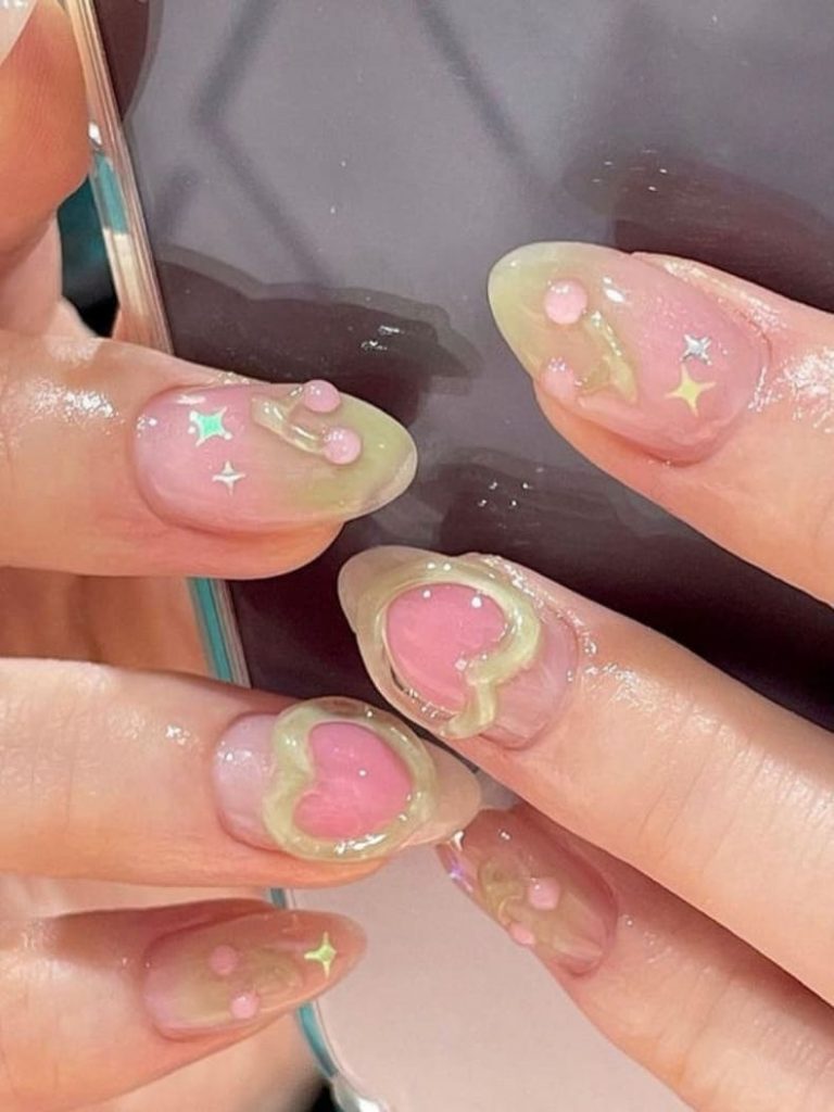 cute Korean heart nail design: 3d jelly charms 